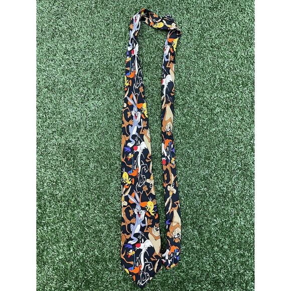 Looney Tunes Mania TAZ Bugs Wylie Coyote‎ Road Runner Silk Tie Vtg Black - Picture 1 of 6